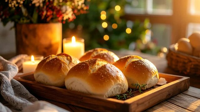 Golden bread rolls on wooden tray