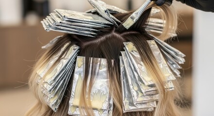Close up of hair being dyed with foil highlights in a salon by a gloved hand with a brush tool