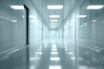 Empty, sterile hallway, clean, modern, industrial.  Reflecting light on polished floor,  bright, spacious