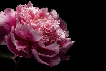 Close-up of a vibrant pink peony, showcasing delicate petals and a rich center, against a stark black background