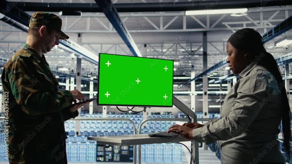 Poster server room army experts deploy ai tech on green screen pc to modernize defense. military server roo