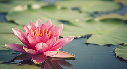 A vibrant pink water lily blooms gracefully on a tranquil pond, a serene moment captured on a summer day in August.