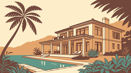 Obraz premium Luxury Home with Pool and Palm Trees in Tropical Landscape Illustration