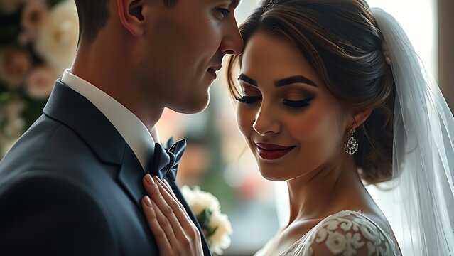 A bride and groom in elegant attire, capturing love and romance in a timeless moment.