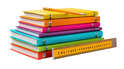 Stack of Colorful Textbooks with Ruler and Pencil on Transparent Background

