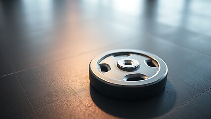 A single weight plate resting on a gym floor, showcasing metallic reflections and minimalistic design.