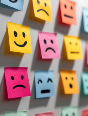 A colorful arrangement of sticky notes displaying various facial expressions, depicting a range of emotions from happiness to sadness.