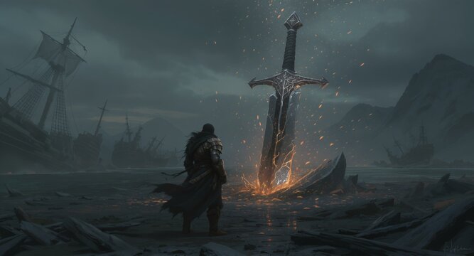 Epic Fantasy Sword Artwork Dark Knight, Burning Blade, Shipwrecked Coast