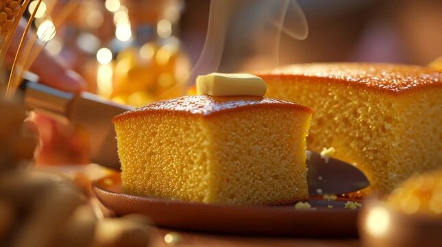Buttered cornbread on a Friendsgiving table celebrating the warmth of the season with golden tones and comfort
