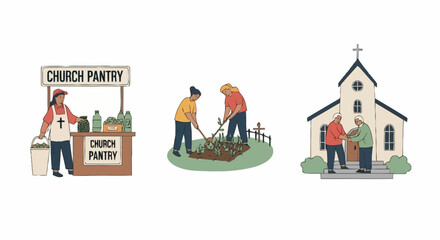 Obraz premium Church Community Service Illustrations Highlighting Food Bank, Gardening, and Welcoming Activities Designed for Charitable Outreach Programs