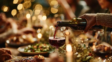 Pouring red wine into a glass at a Friendsgiving celebration with a warm bokeh background