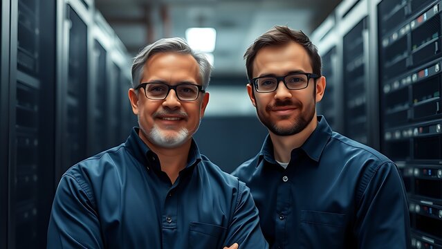 Two technicians working in a data center with server racks softly blurred behind them.