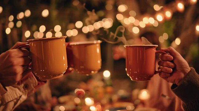 Friends gather and clink mugs of hot cider at a cozy Friendsgiving celebration surrounded by fairy lights