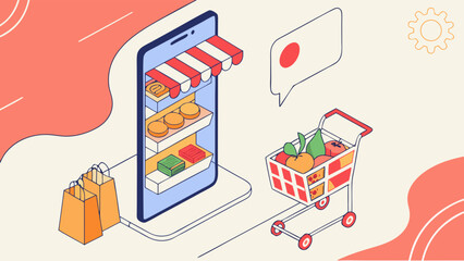 Fototapeta premium Online grocery shop isometric illustration mobile food shopping