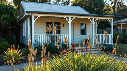 A cozy cottage with a veranda, surrounded by native plants in a peaceful residential setting.