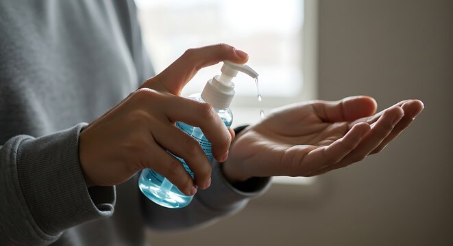 Hand Sanitizer Ritual: A close-up shot of an individual using hand sanitizer from a dispenser, embodying personal hygiene and care.