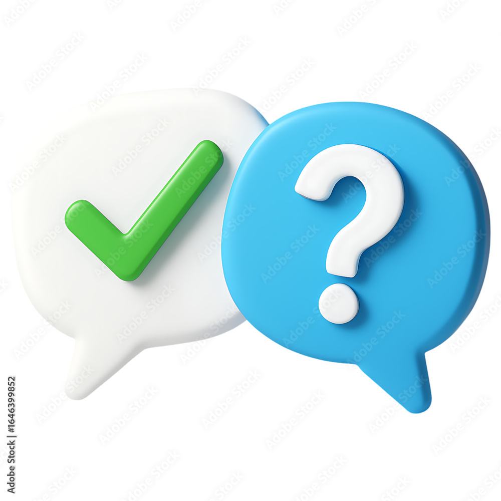 Poster 3d render of speech bubbles with check mark and question mark icons for communication and feedback, 