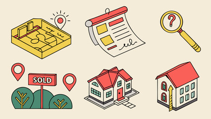 Real Estate Set: House, Map, Sold Sign, Documents, Magnifier Illustration