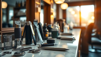 Professional barber tools neatly arranged on marble countertop in a warm, elegant salon setting.