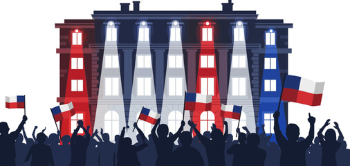 Nighttime celebration with patriotic French flags and illuminated historic building