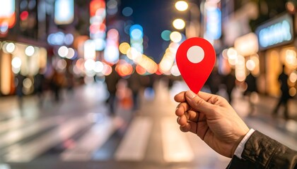 Fototapeta premium Hand holding a red location pin in a city at night