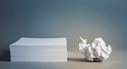 Stacked Sheets: A neat pile of untouched paper stands in stark contrast to a crumpled ball, symbolizing the journey from untouched potential to discarded ideas and revisions.