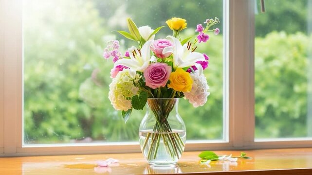 Arranging a Vibrant Flower Bouquet by a Window