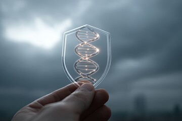 Genetic protection Hand holding DNA shield, stormy sky