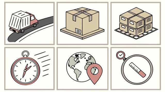 Shipping and Delivery Icons: Package, Truck, Clock, World Map, Measuring