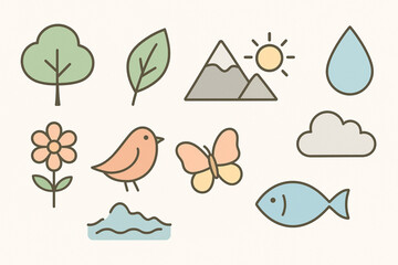 Naklejka premium Minimalist Flat Vector Nature Icon Set — Friendly Tree, Leaf, Mountain, Sun, Water, Flower, Bird, Butterfly, Cloud, Fish