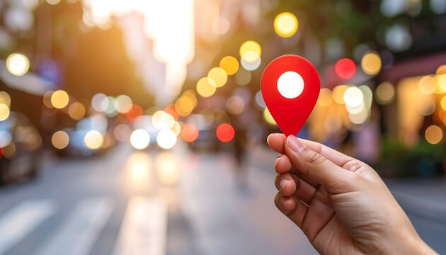 Hand holding a red map pin outdoors