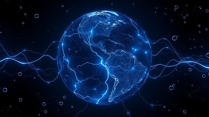 Earth's magnetic field depicted as luminous blue veins, pulsing alongside floating oxygen bubbles.