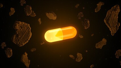 A solitary radiant vitamin capsule adrift in space, encircled by asteroid-like fragments of meat.
