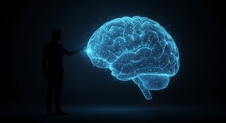 Human Connection to the Mind: A silhouette of a person interacts with a glowing, digitized representation of a human brain, symbolizing the power of thought and the exploration of cognitive processes.