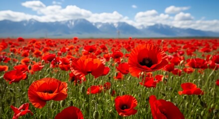 Fototapeta premium Vast Field of Vibrant Red Poppies Blooming Under a Beautiful Blue Sky with Snow-Capped Mountains in the Distance