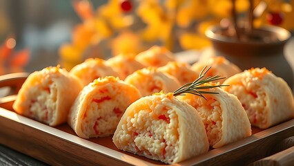 Traditional Korean rice cakes arranged on a wooden tray with pine needles, evoking autumn harvest celebrations.