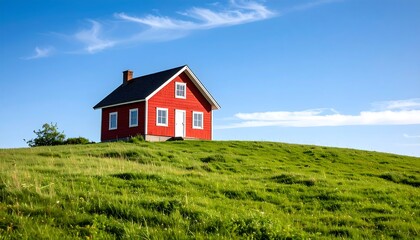 Small red house on a grassy hill under a clear sky