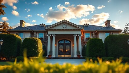 Majestic luxury house entrance with grand double doors and elegant stone columns under golden hour lighting.