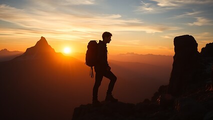 Silhouette of mountain climber at sunrise with dramatic landscape