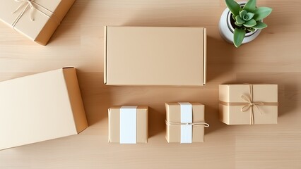 Minimalist arrangement of package boxes on wood, showcasing a clean e-commerce concept.