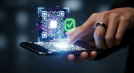 Verification and information access concept. A smartphone scans a holographic QR code, revealing a green checkmark icon for verification.