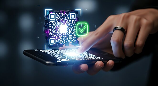 Verification and information access concept. A smartphone scans a holographic QR code, revealing a green checkmark icon for verification.