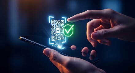 Verification and information access concept. A smartphone scans a holographic QR code, revealing a green checkmark icon for verification.
