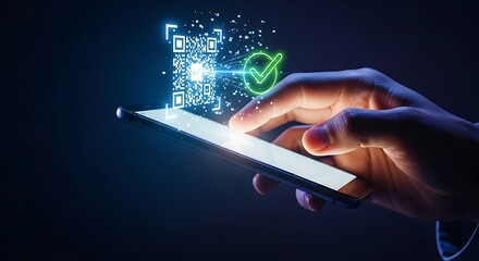 Verification and information access concept. A smartphone scans a holographic QR code, revealing a green checkmark icon for verification.