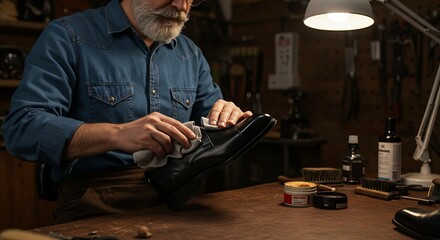 Artisan's Touch: A close-up shot of an artisan at work, applying meticulous care to a polished shoe