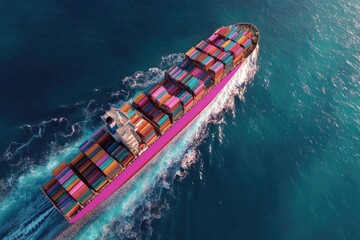 High-angle view of a large cargo ship, vibrant pink hull, colorful containers, moving through the water