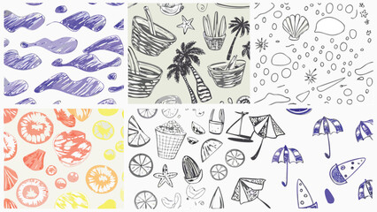 Playful summer postcard set with Mediterranean coastal views, fruit baskets, palm trees, cocktails, seashells, and beach umbrellas in hand-sketched doodle style