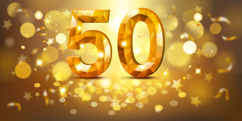 Golden number 50 with a faceted, gem-like appearance, set against a warm, golden background filled with soft bokeh lights and scattered golden stars, creating a festive and celebratory atmosphere.