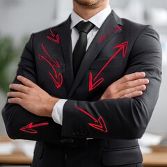 Confident businessman, arms crossed, arrows, office background, decision-making