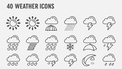 Weather icons set with sunshine rain clouds lightning snow umbrella and